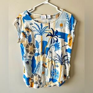 Nicole Miller NY 100% Linen Top - Resortwear colourful print- M- beach coastal